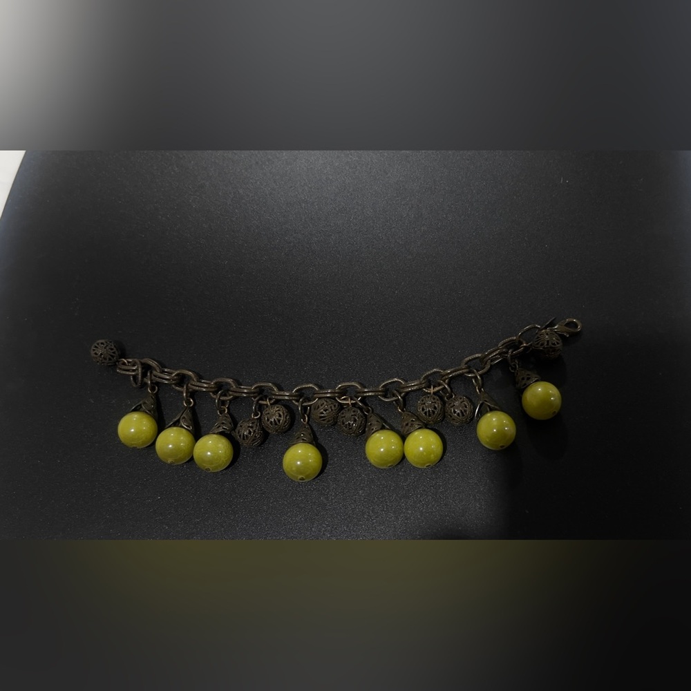 Vintage Gerard Yosca Bib Statement Fringe Bracelet Green Beaded Etruscan